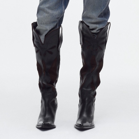 knee-high mix suede cowboy boots - Picture 2 of 2